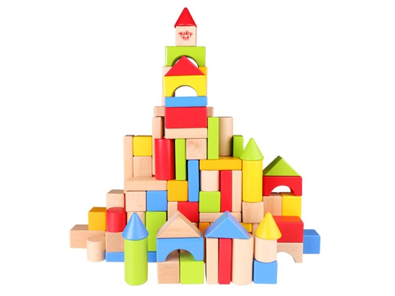 Fa építőkocka készlet dobozban - 100 darabos színes és natúr - Tooky Toy