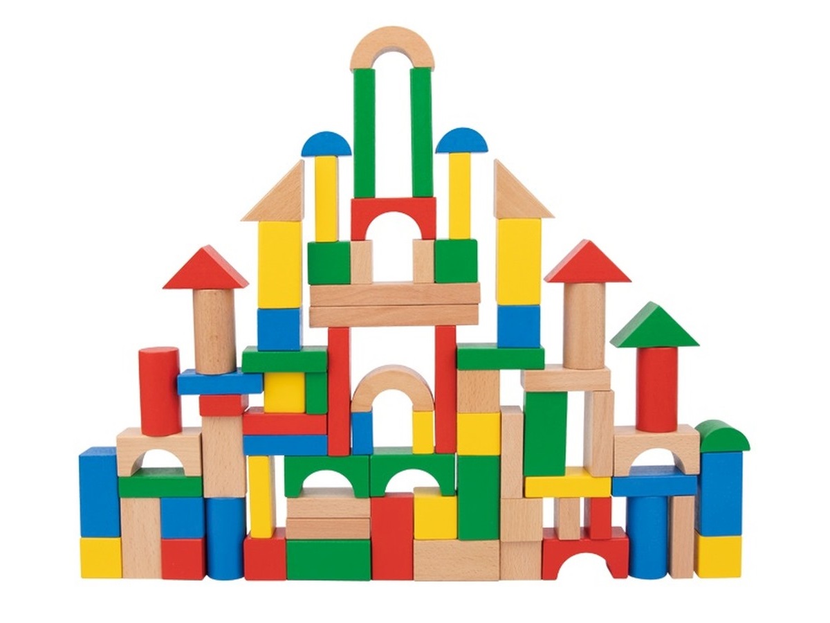 Fa építőkocka készlet dobozban - 100 darabos színes és natúr - Tooky Toy